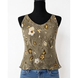 Vintage Escada Elements 100% Silk Top, EU 40 (US 8/10) Olive Green Floral Blouse
